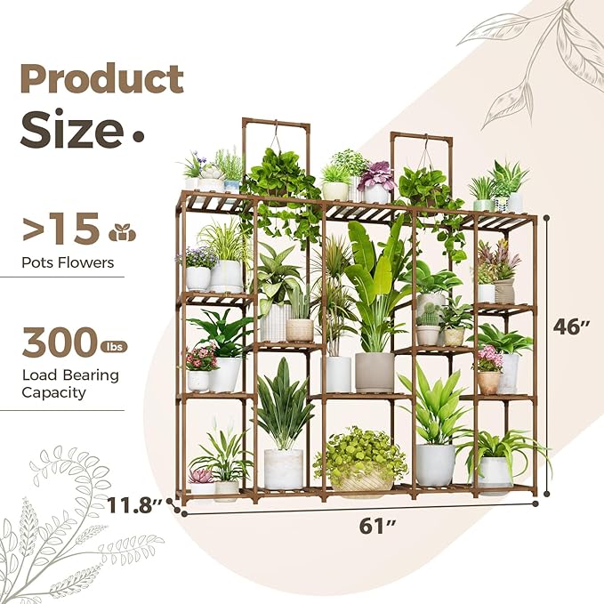 Bamworld Plant Shelf Large Plant Stand Indoor 62.2" Tall Outdoor Plant Holder Wood for Multiple Plants Hanging Plant Rack for Living Room Garden Balcony