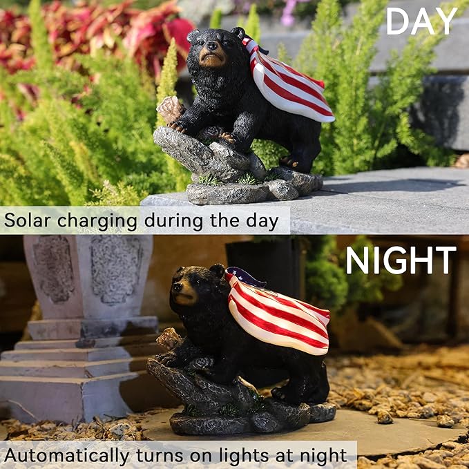 Garden Statue Bear,Solar American Flag Bear Ourdoor Statue,Garden Decor Bears Solar Light,Resin Figurine Lights,Outdoor Decor for Patio,Porch,Balcony,Yard,Lawn