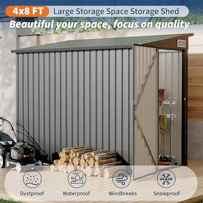 4x8 FT Metal Outdoor Lean to Storage Shed, Lean to Garden Shed Utility Tool Shed, Heavy-Duty Outdoor Metal Wall Side Storage Sheds