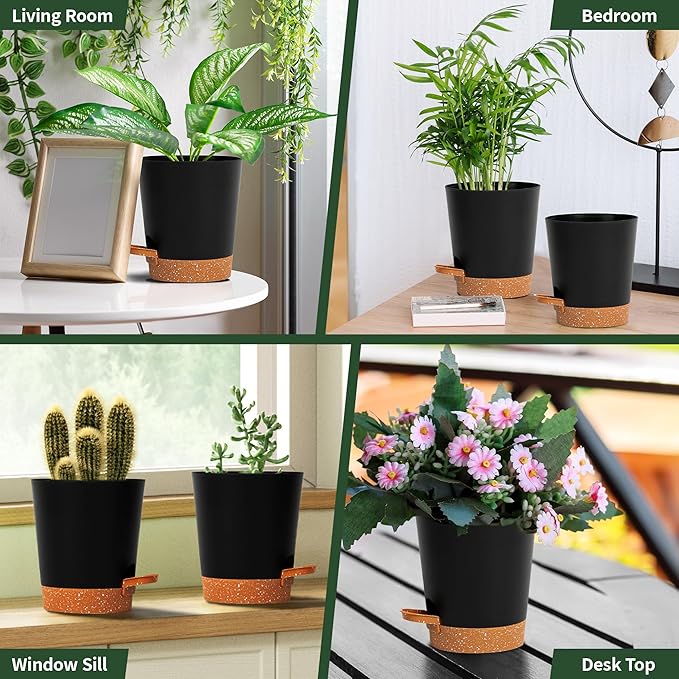 4 inch Small Plant Pots for Outdoor Indoor Plants, 10 Pack Planters with Drainage Holes and Tray, Small Self Watering Pots for Succulent, Cactus, Aloe and Other Plants (Black)