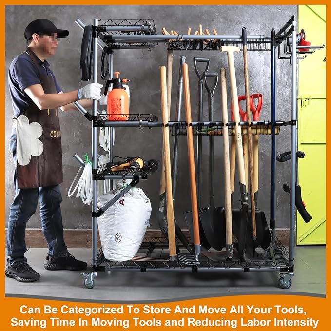 BIG Garden Tool Organizer with Wheels - Rolling Storage Rack - Multifunctional Cart