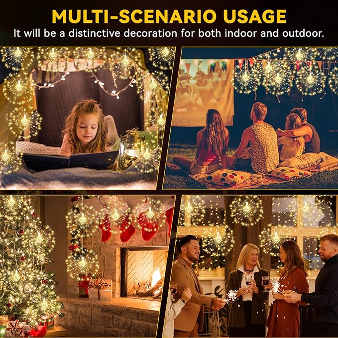 8 Pack Firework Lights 120 LED Copper Wire Firework Lights, 8 Modes Dimmable String LED Lights with Remote Control,Waterproof Hanging Fairy Lights for Party,Home,Christmas,Garden Outdoor Decoration