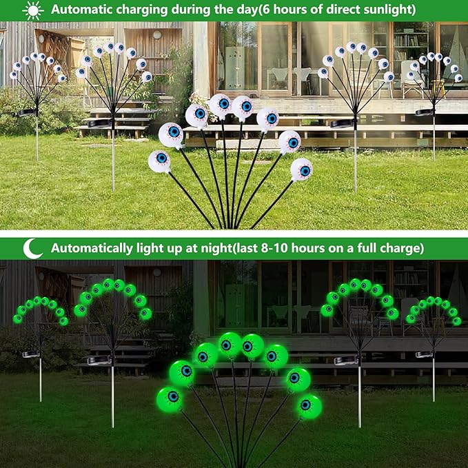 Halloween Decorations Outdoor Lights - 4 Pack 32LED Solar Halloween Scary Eyeball Pathway Lights Swaying by Wind, Waterproof Solar Halloween Stake Lights for Garden Porch Lawn Pathway (Green)
