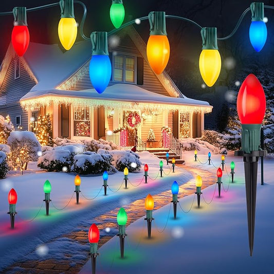 Brightown Frosted C9 LED Christmas Lights Outdoor, 32Ft Pathway Lights with 25 LED Bulbs and Stakes, Multicolor Christmas Decorations for Outside Driveway, Walkway, Sidewalk