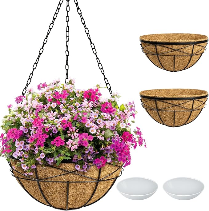 Hanging Planters for Outdoor Plants: 2 Pack 16" Hanging Baskets Flower Pots with Coco Liners & Plastic Saucer Large Deep Hanging Plant Holder for Porch Balcony Garden Décor