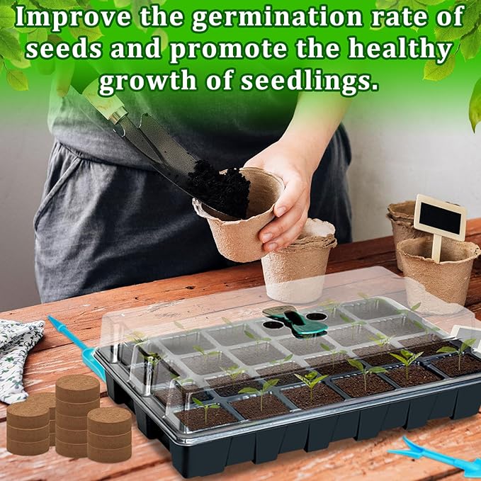 Halatool Seed Starter Kit, 2 Pack Seed Starter Trays with 50 Pcs Coco pellets and 2 Garden Tools & 100 Plant Labels, Greenhouse Indoor Seed Germination System for Herbs, Vegetables and Flowers (Black)