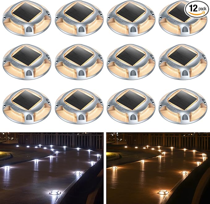 AGPTEK Solar Driveway Lights Outdoor 12 Pack, 2 Color Modes LED Deck Dock Marine Waterproof Driveway Marker Lights for Step Sidewalk Stair Garden Pathway Walkway Yard (Warm White/Cool White)
