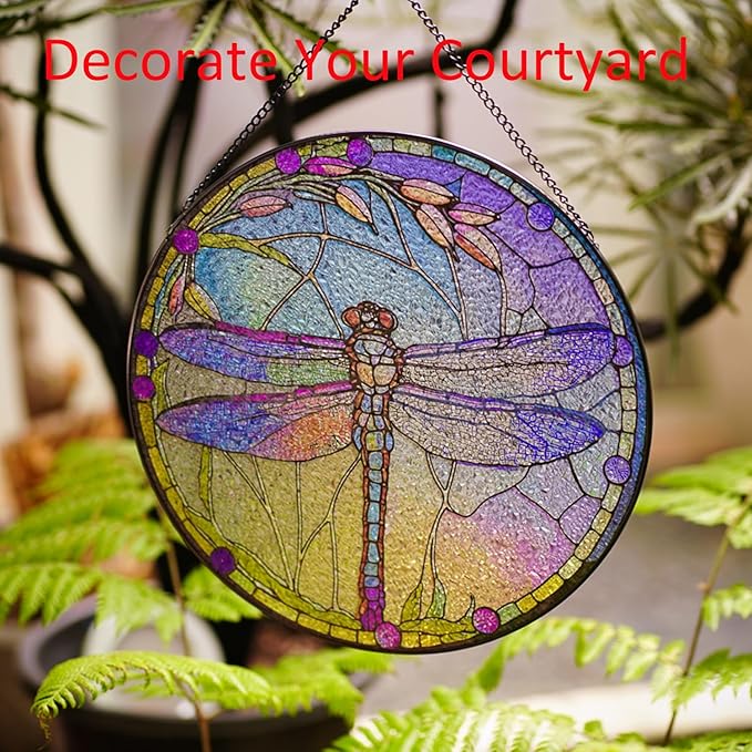 Hanging Stained Glass for Windows,20cm/7.87inch Dragonfly Hand-Painted Sun Catcher Garden Hangings Christmas Mother's Day, Valentine's Day Ornaments Festival Gift (C Style)