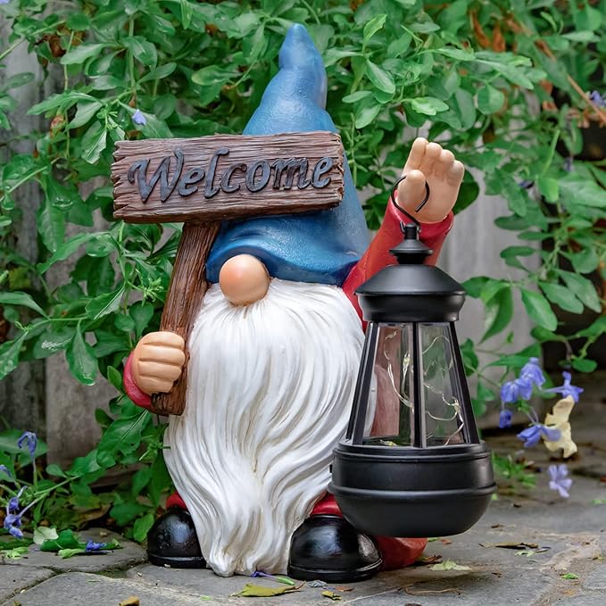 Garden Gnome Outdoor Decoration Solar Gnomes Statue with Lantern LED Lights,Terrace Courtyard Lawn Patio Porch Decoration Christmas Housewarming Gift for Woman Mom, Gnome Blue