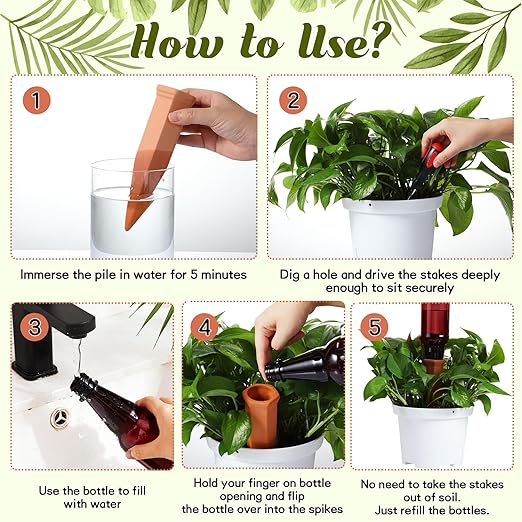 6 Sets Plant Watering Devices Include Terracotta Self Watering Spikes and 26 oz Plastic Bottles Slow Release Vacation Insert Automatic Plant Watered Device