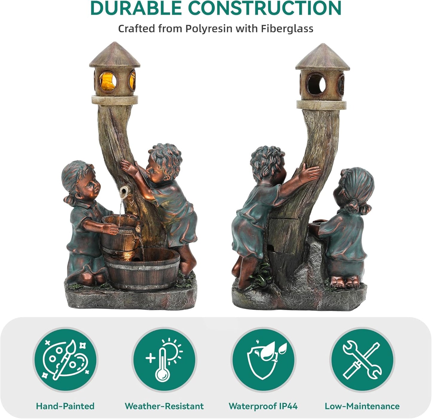 31" Resin Outdoor Water Fountain with LED Lights, Boy-Girl, Pagoda and Wood Barrel Garden Fountain, 3-Tier Cascading Waterfall for Tranquil Backyard, Patio or Porch, Faux Bronze Finish