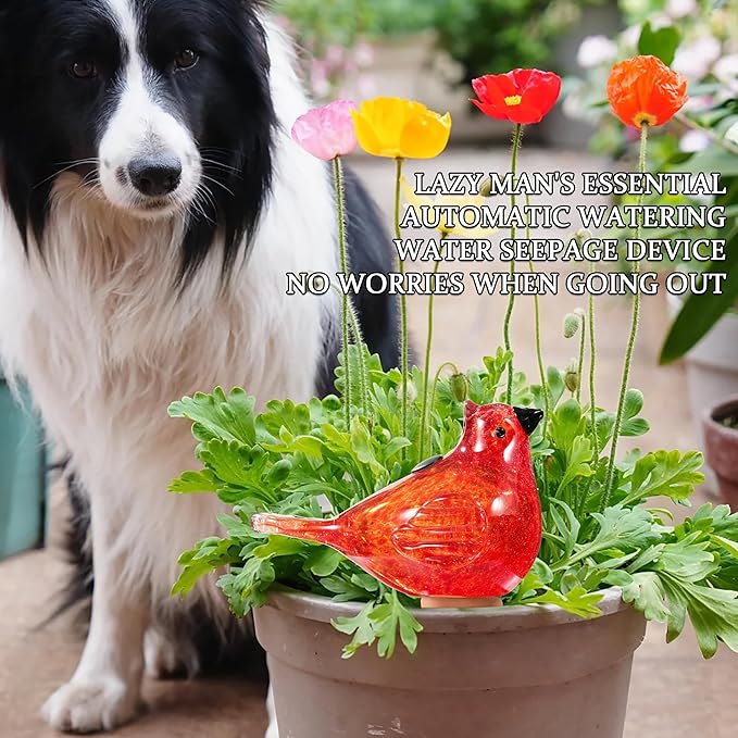 Glass Bird Shaped Plant Watering Ball Glass Automatic Watering Ball Flower Pot Insertion Spike Drip Irrigation Device Watering Ball Irrigation System Plant Enthusiast Gift (Red)