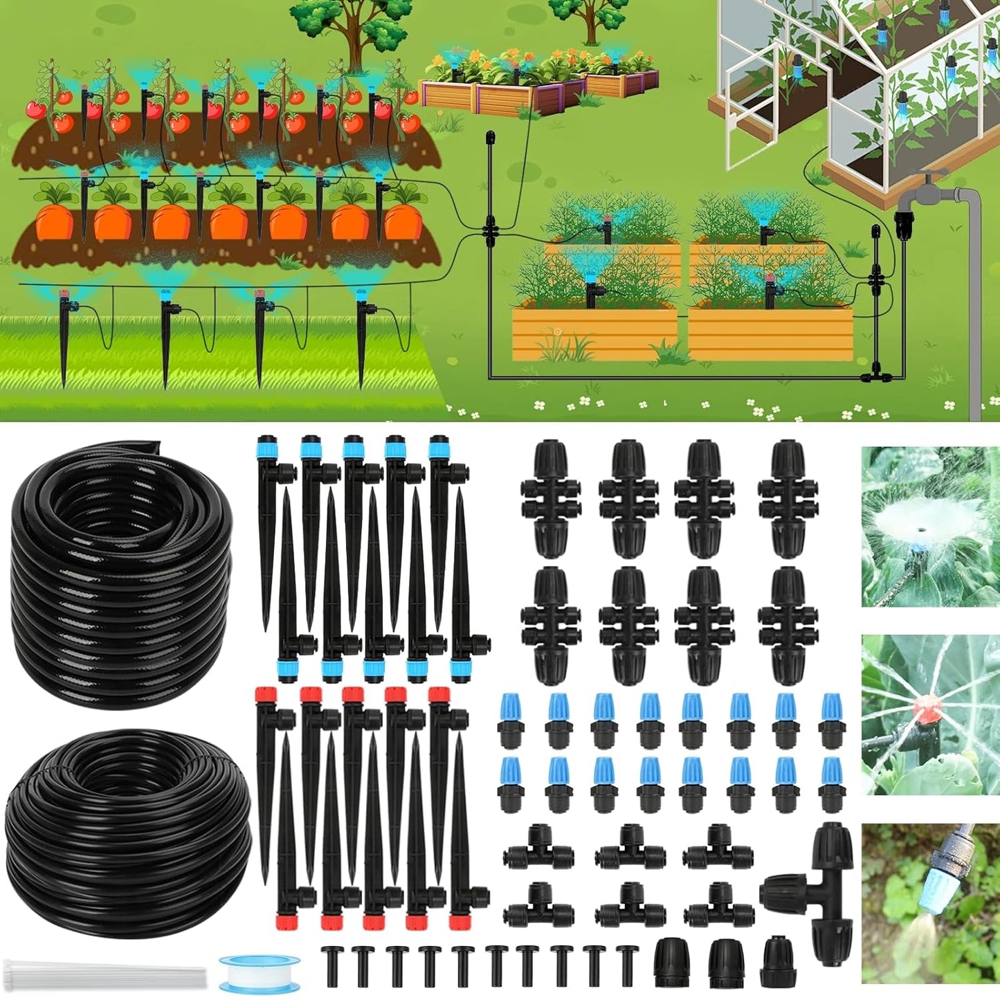 247FT Drip Irrigation Kit – 2025 New Quick-Connect Micro Irrigation System with 1/4'' 1/2'' Tubing, Locking Nozzle Emitters, Adjustable Misting Sprayers for Gardens, Lawns,Raised Beds and Greenhouses