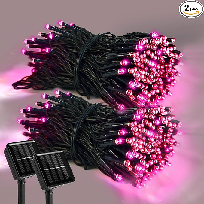 2 Pack 400 LED Solar Pink String Lights Valentine Decor, 8 Modes Solar String Lights for Outside, Waterproof and Solar Powered Outdoor Lights for Valentine Yard Garden Tree Wedding Party (Pink)