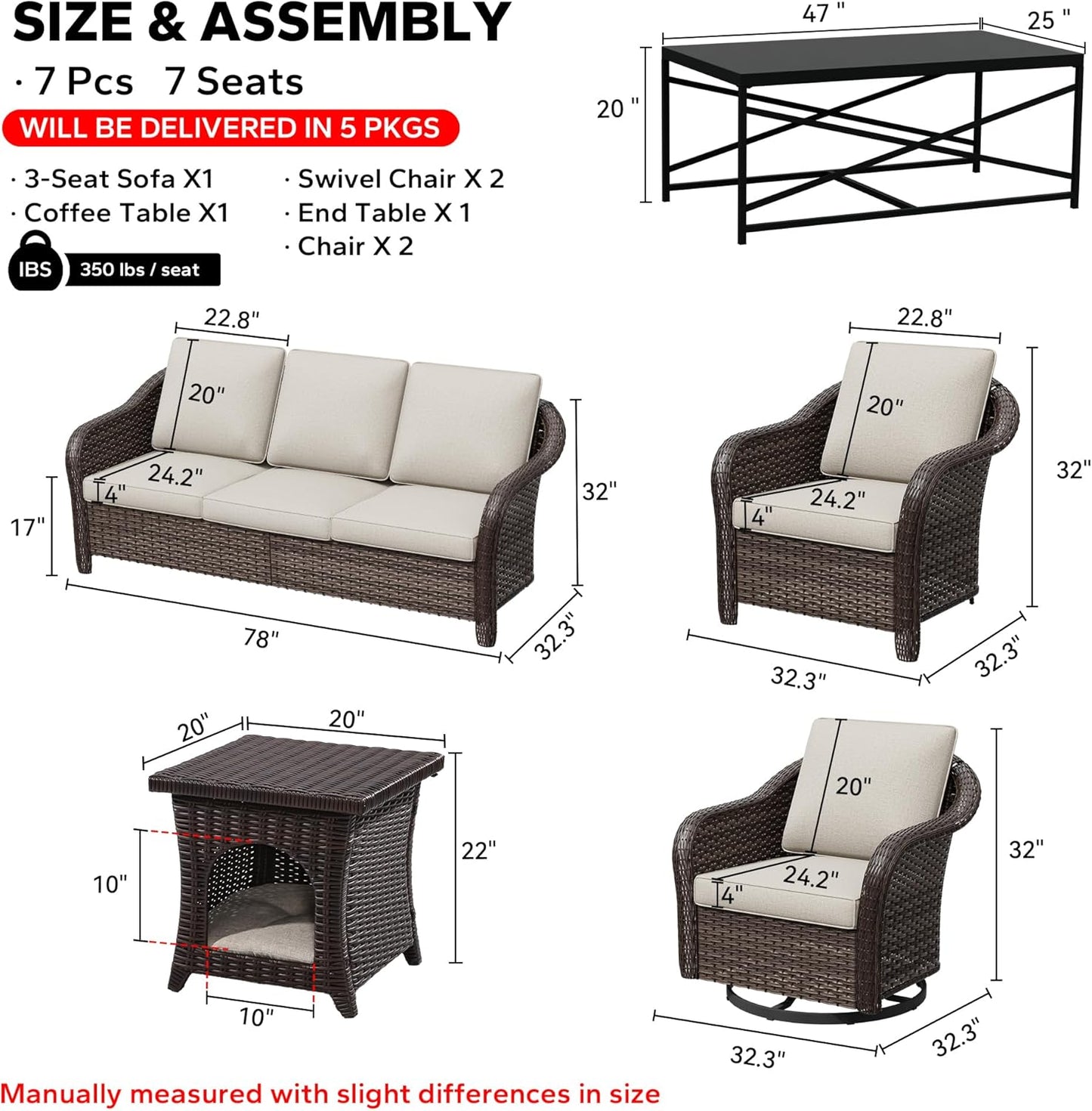 7 Pieces Patio Conversation Set, 78" Wicker 3-Seat Couch with Washable Cushions, 2 Glider Swivel Rocker Chairs, 2 Armchairs, Coffee Table, Rattan Cat Bed End Table, Sofa for Lawn (Beige)