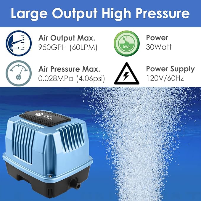 AquaMiracle Super Powerful Linear Air Pump AP-40/AP-60/AP-80 Pond Aerator, Septic Air Pump, Hydroponic Air Pump, Koi Pond Air Pump 635/950/1350GPH, for Waste Treatment, Fish Farm, Seafood Restaurant
