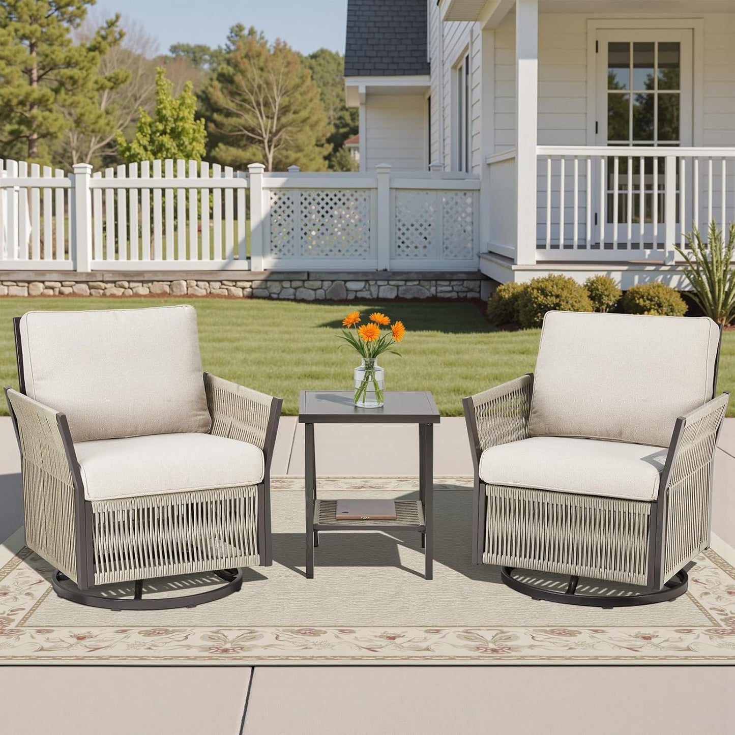 3 Pieces Wicker Bistro Set Chairs Patio Porch Furniture Sets, All-Weather PE Rattan Outdoor Conversation Set with Removable Cushion & Side Table for Porch, Deck, Poolside - Beige