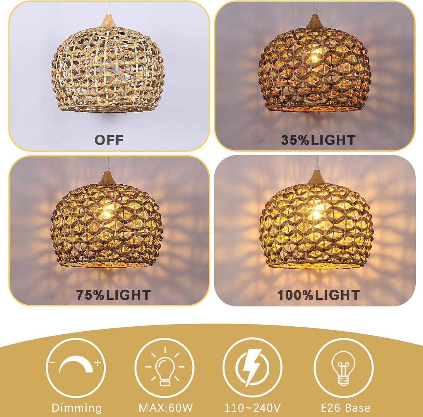 Boho Pendant Lights, 15.7" 1-Light Rattan Chandelier Hand-Woven Wicker Pendant Light with Water Hyacinth Shade, Coastal Dome Hanging Light for Dining Room Kitchen Island