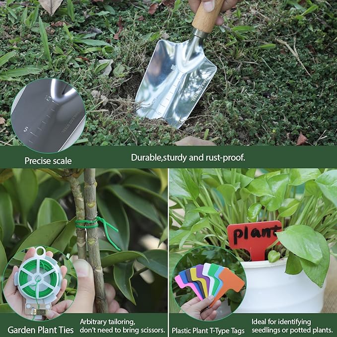 Garden Tool Set, 3 Pieces Gardening Kit with Garden Plant Twist Tie and Plastic Plant Tag, Stainless Steel Heavy Duty Garden Tools with Wooden Handle, Gardening Gifts for Women