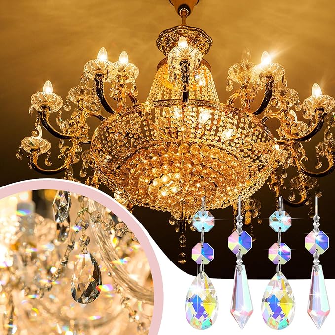 24 Pcs 24 Pcs Chandelier Crystal Replacement 38 mm Teardrop & Icicle Crystal Prisms Hanging Gems Parts for Lamps and Chandeliers Suncatcher Christmas Tree Windows Home Decor (Colorful)