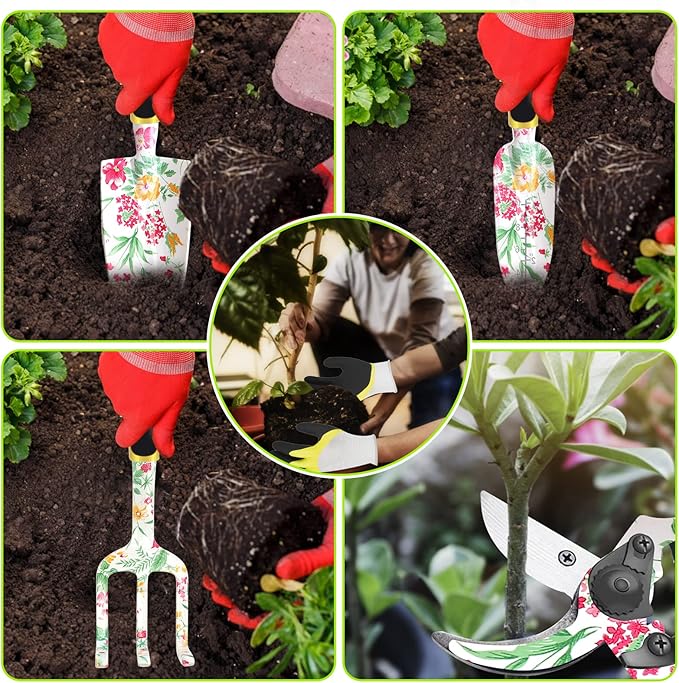 Garden Tools Set, Aluminum Alloy Garden Hand Tool 5 Piece Gardening Tools with Hand Rake, Hand Weeder, Transplant Trowel, Pruning Shears and Gardening Gloves for Outdoor Gardening Work