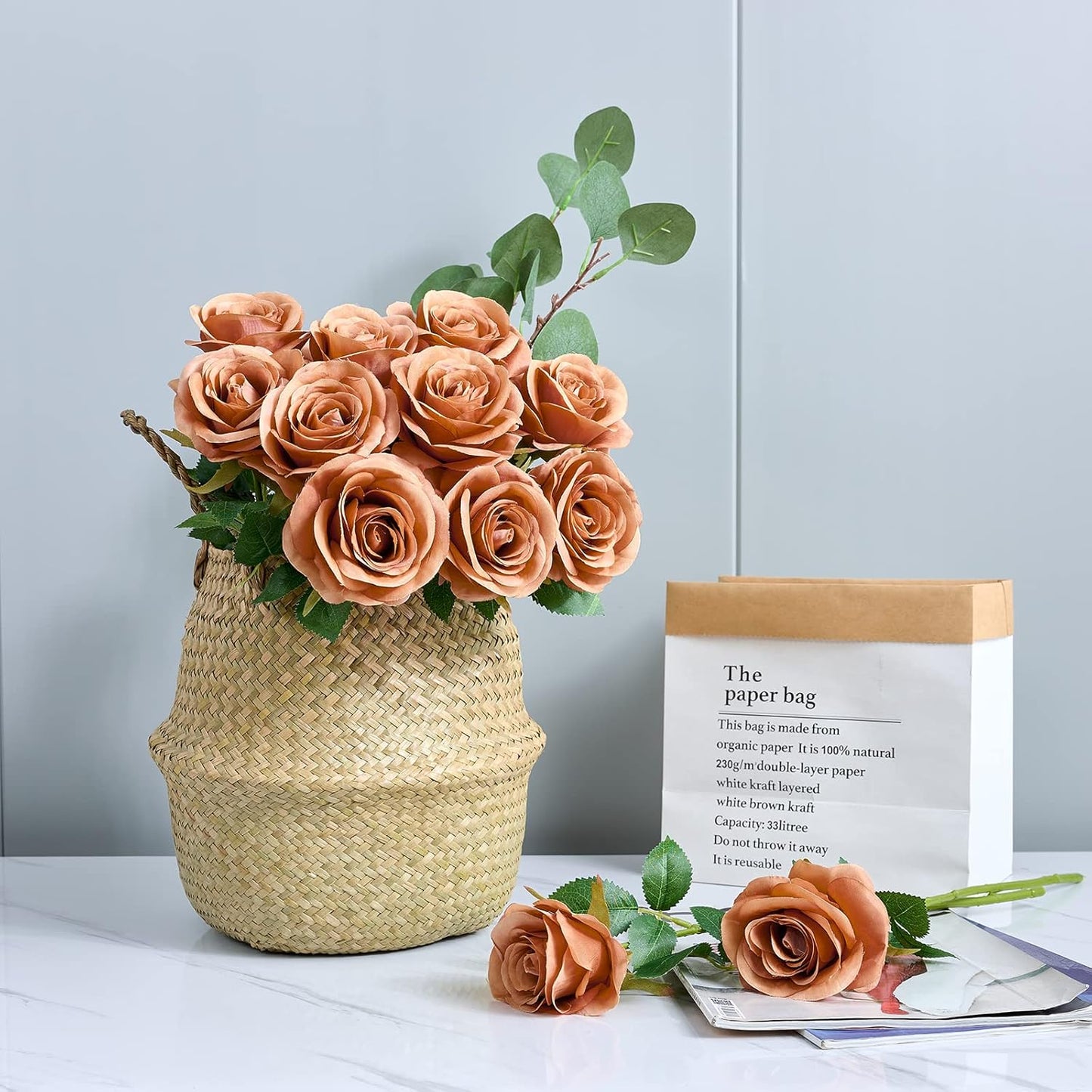 12pcs Rose Artificial Flowers Fake Roses Dusty Orange Silk Roses Orange Silk Flowers Rose with Long Stems for Wedding Home Party Centerpieces Decorations