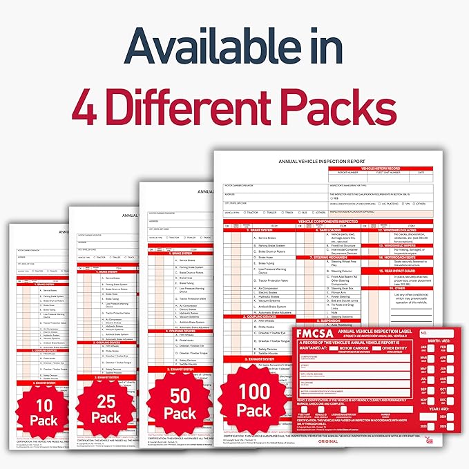 50 Pack 3-Ply Carbonless Annual Vehicle Inspection Report Forms with FMCSA Red Aluminum Adhesive Labels, DOT Inspection Forms and Stickers, Shrink-Wrapped, 8.5" x 11.75" - Made in USA