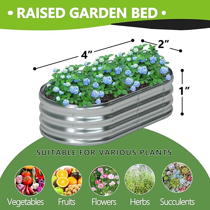 4x2x1ft(2 Pack) Oval Galvanized Raised Garden Bed,Outdoor Planter Box Metal Patio Kit Planting Bed for Vegetables Flowers and Succulents