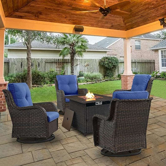 5 Pieces Patio Wicker Furniture Set - 4 Outdoor Swivel Rocker Glider Chairs with Propane Fire Pit Table, Warm Patio Conversation Set Blue Cushion Perfect for Casual Gathering