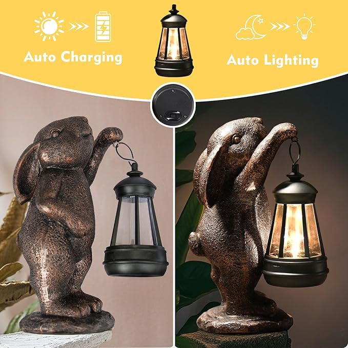 Garden Statues Rabbit with Solar Lantern,Lawn Garden Decor Outdoor Statue for Patio, Balcony, Yard Ornament,Ideal Rabbit Housewarming Gifts & Birthday Gifts for Grandma Mom Women