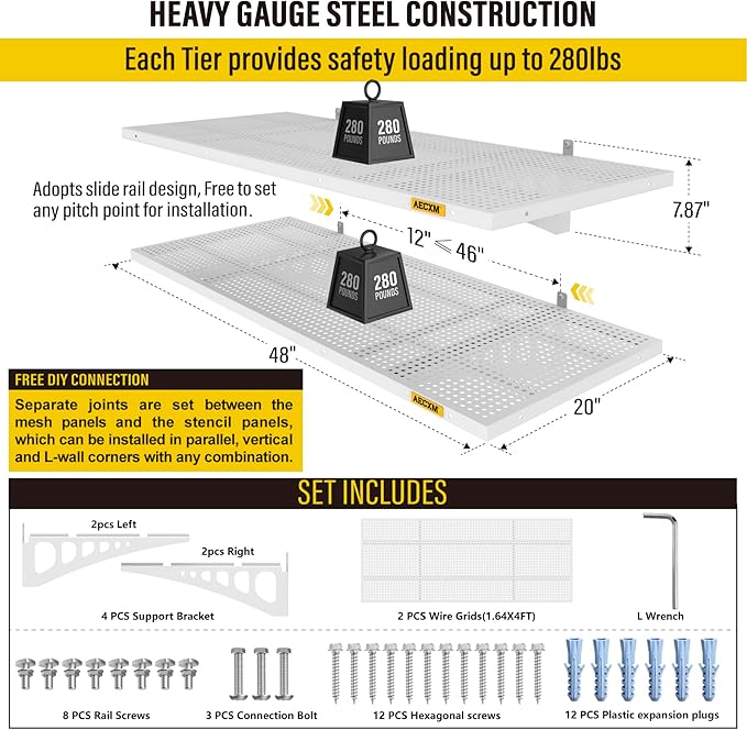 2-Pack 1.64x4ft Adjustable Garage Wall Shelving 560lbs Load Capacity Heavy Duty Wall Mounted Storage Shelf Metal Floating Shelves for Garage(White)