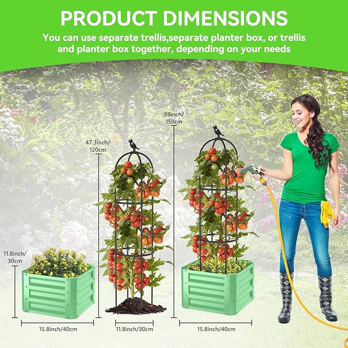 1Pack Raised Garden Beds Outdoor, Galvanized Metal Raised Garden Bed with Trellis, 16x16x60inch Tomato Cage Planters Box with Trellis for Climbing Plants Vegetable Vine Flowers