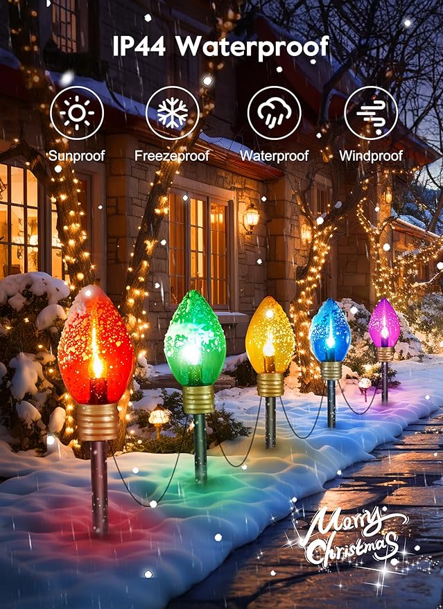 4 Pack Outdoor Christmas Decorations - Jumbo Xmas String Lights or Pathway Marker Lights - Large Multicolored Bulbs Hanging Lights Waterproof Lawn Decoration for Holiday Home Tree Roof Yard Garden