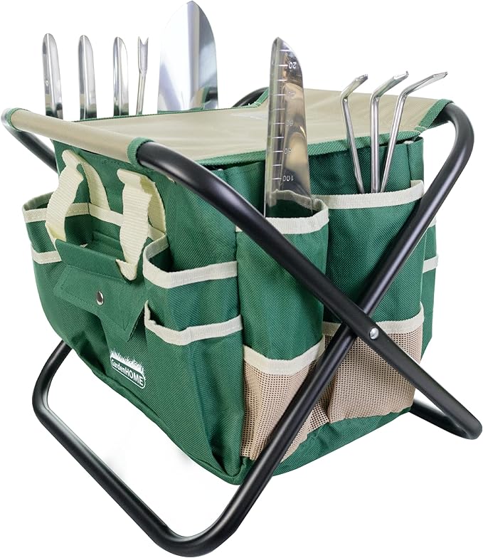 Gardening Tool Set, Stainless Steel 7-Piece Gardening Tools with Heavy-Duty Folding Stool and Detachable Canvas Tote Bag, Green and White, Ideal Gardening Gifts for Women and Men