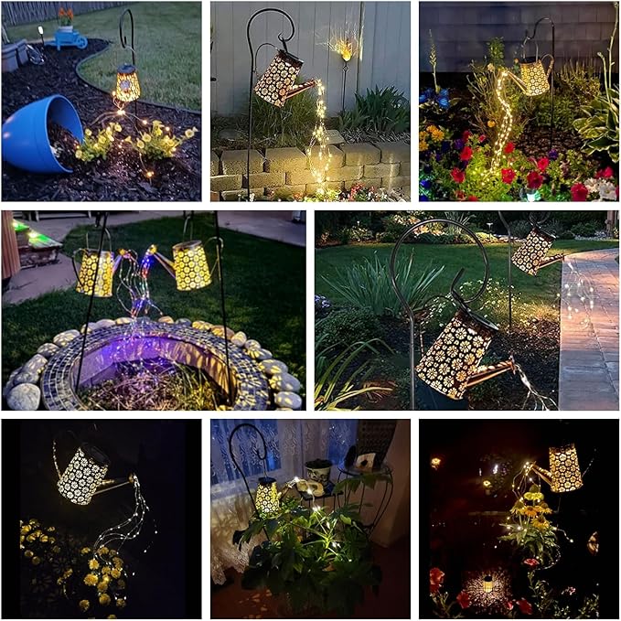 2 Pack Solar Watering Can Lights with Shepherd Hook, 8 Multi-Color Changing Modes, IP65 Waterproof, 60pcs String Lights for Outdoor Garden Pathway Lawn Patio Deck Walkway Courtyard