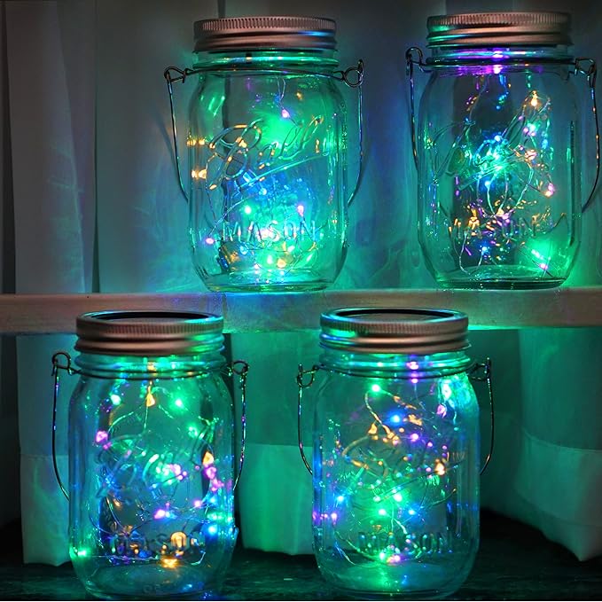 30 LED 10 Packs Solar Mason Jar Lights [Updated] Fairy Firefly Jar Lids String Lights with Hangers Waterproof Patio Yard Garden Wedding Party Decoration - Colorful (NO Jars)