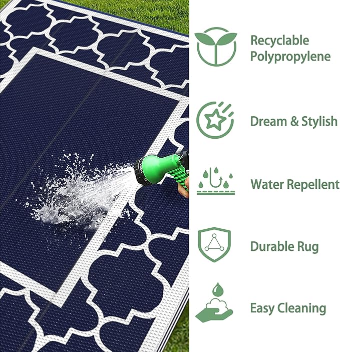 GENIMO Outdoor Rug 8' x 10' Patio Waterproof, Foldable Reversible Plastic Straw Area Rugs Mat for Camper Decor, Outside Carpet for Rv, Deck, Porch, Picnic, Beach, Balcony, Blue & White