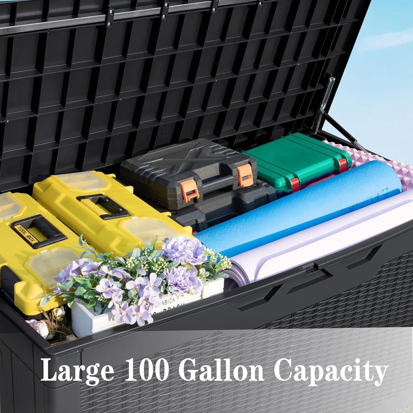 Greesum 100 Gallon Resin Deck Box Large Outdoor Storage Boxes with Cushions for Garden Tools, Patio Furniture Pillows, Pool Supplies, Black