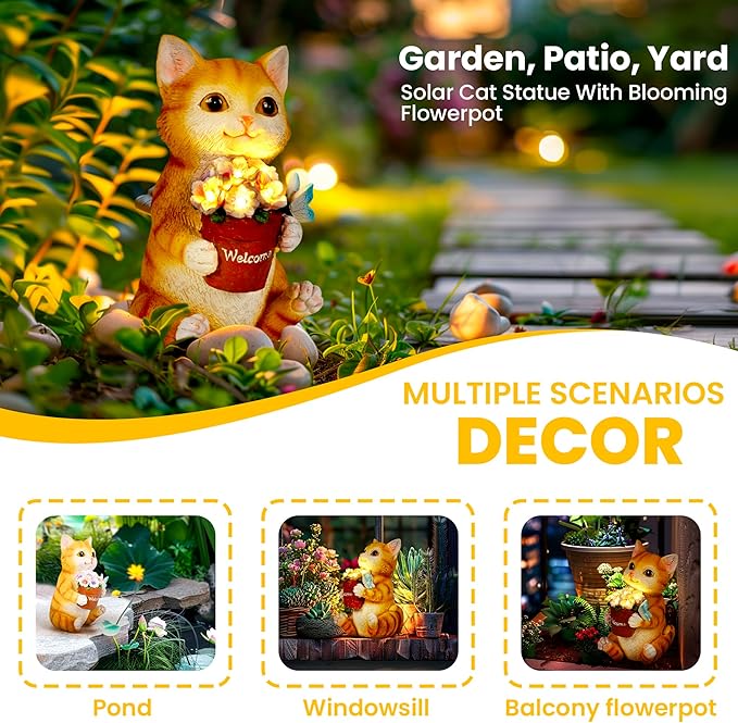 GIGALUMI Solar Garden Decor Flower Pot Cat Statues Outdoor, Birthday Gifts for Women, Gifts for Mom Grandma Senior Elder, Elephant Ornament for Balcony, Garden, Patio, Yard, Lawn