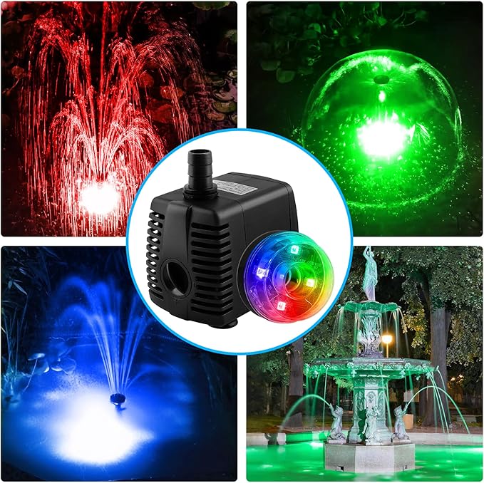15W 800L/H Submersible Pond Fountain Pump with LED Lights, Ultra Quiet Water Pump, Pond Fountains Pump for Small Pond, Koi, Garden, Aquariums, Fish Tanks, Indoor Outdoor Fountain 3 Type Nozzles