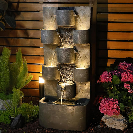45" H Outdoor Water Fountain Garden - Large Cascading Waterfall Freestanding Fountains Water Feature with Lights for Patio Backyard Deck Porch and Home Decor, Concrete Artistry Style, Gray