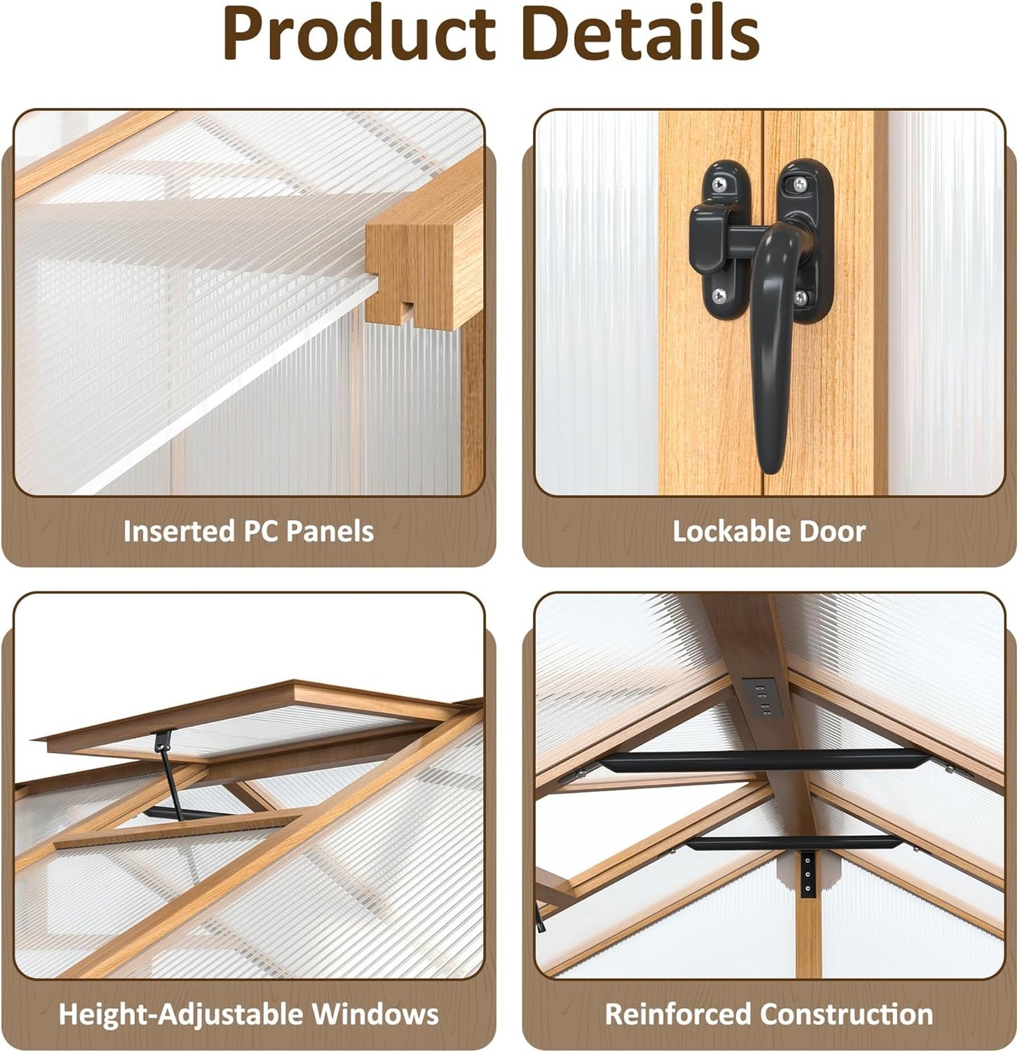 6x8 FT Greenhouse, Wooden Walk-in Greenhouse for Outdoors with 6MM Thick Polycarbonate Panel and Adjustable Roof Vents, Garden Backyard, Patio, Lawn, Wood Colour