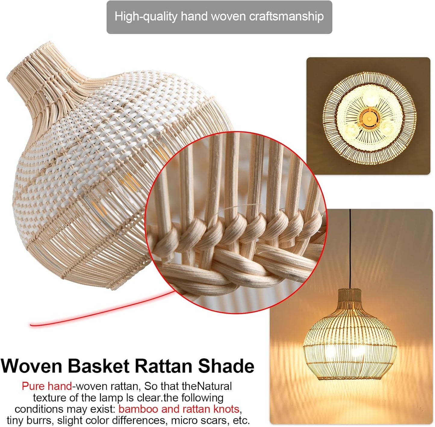 15" Rattan Pendant Light Fixture,3-Light Hand-Woven White Wicker Basket Chandelier Boho Faux Rattan Hanging Lamp,for Dining Living Bedroom Kitchen 1-Pack