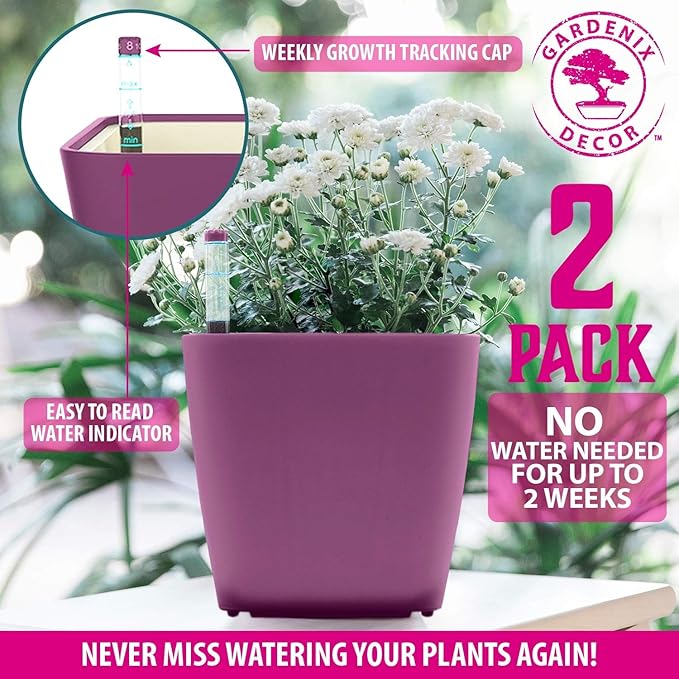 5" Self Watering pots for Indoor Plants - Flower Pot with Water Level Indicator for Plants, Grow Tracking Tool - Self Watering Planter Plant Pot – 2 Pack Purple