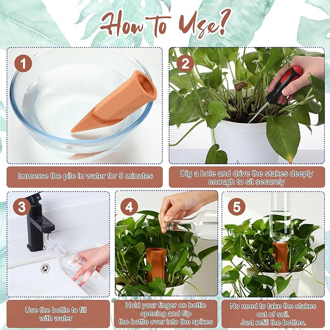 6 Sets Plant Watering Devices Include Terracotta Self Watering Spikes and 26 oz Plastic Bottles, Slow Release Vacation Insert Automatic Plant Waterer Device (Green Clear Brown and Terracotta)