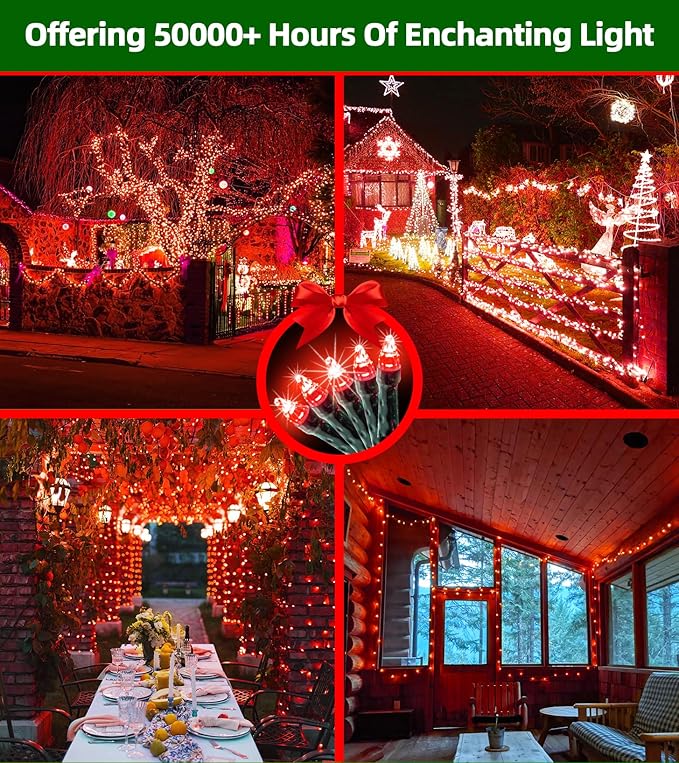 1500 LED 492FT Christmas Lights With Timer Memory - Green Wire String Lights for Indoor Outdoor Decorations, Christmas Tree, Party, Xmas, Wedding, Garden, Patio - Red