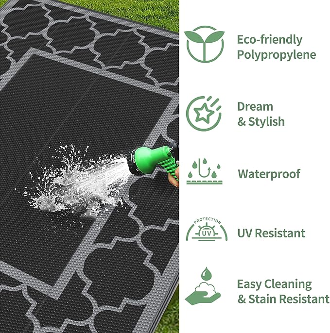 GENIMO 8' x 10' Outdoor Rug Patio Waterproof, Reversible Plastic Straw Area Rugs Mat for Camper Decor, Outside Carpet for Camping, Rv, Deck, Porch, Picnic, Beach, Balcony, Black & Grey