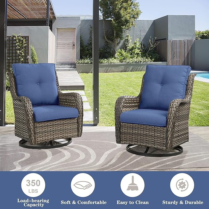 5 Piece Outdoor Patio Furniture Set - Wicker Furniture Patio Conversation Set, Outdoor Swivel Rocker Chairs with Loveseat Sofa and 2 Ottomans for Small Space, Blue Cushion