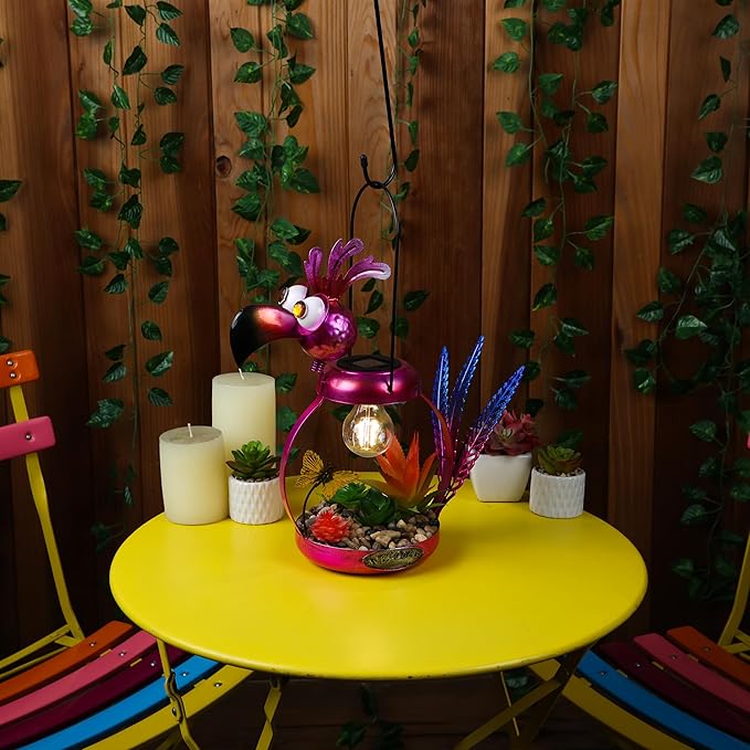 Alpine Corporation LYT288SLR-HH Solar-Powered Metal Flamingo w/Garden Enclosed LED Light, Solar Patio Décor, 16''H, Pink