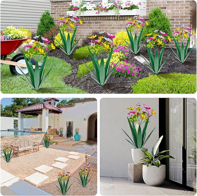 Garden Outdoor Butterfly Enlarge Thickened Wind Resistant Metal Agave Garden Art Metal Plant Country Sculpture Statue Decorations Ornaments Artificial Waterproof Butterflies(Green 3pcs)